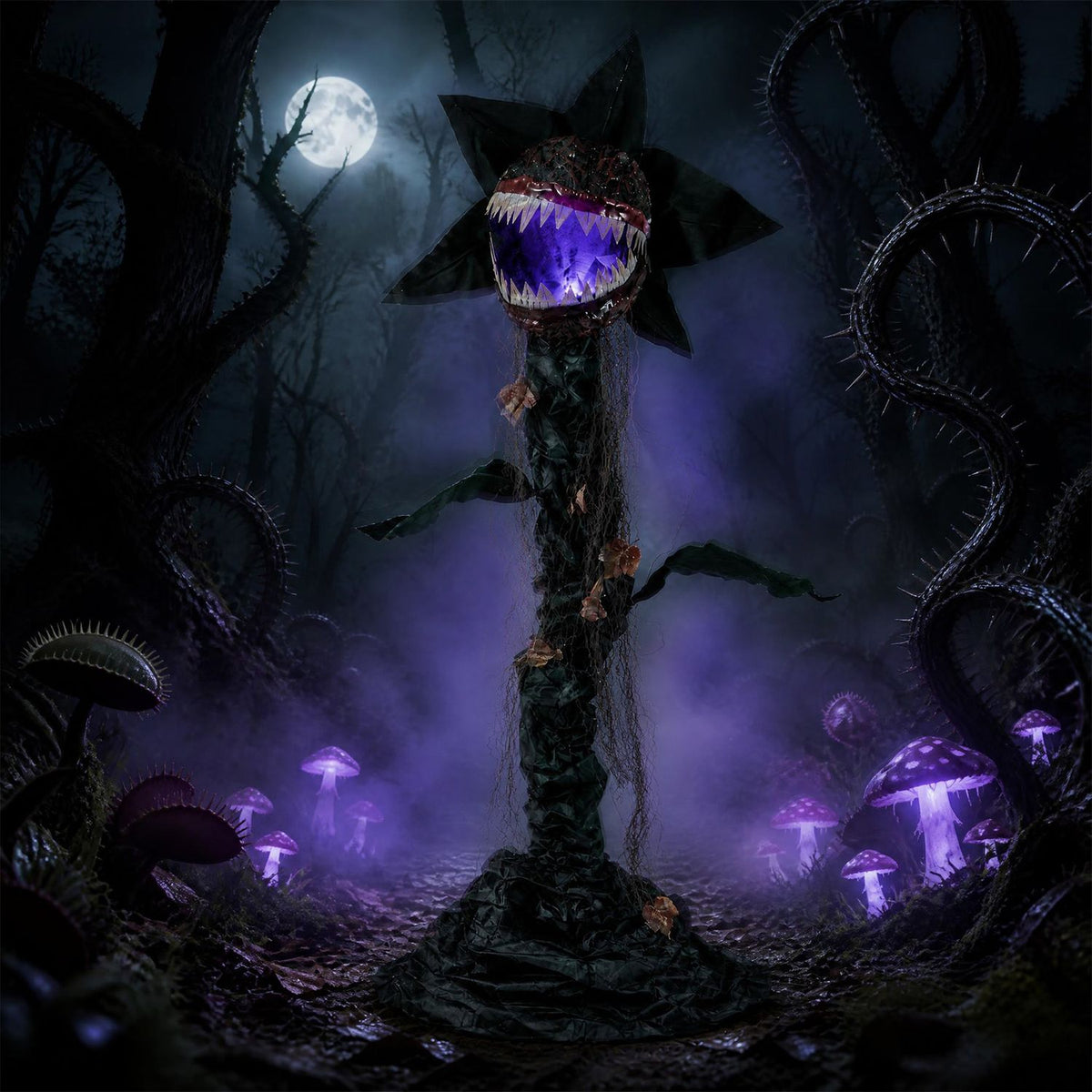 Man-eating plant with a violet-lit mouth rises from a misty forest surrounded by glowing mushrooms.