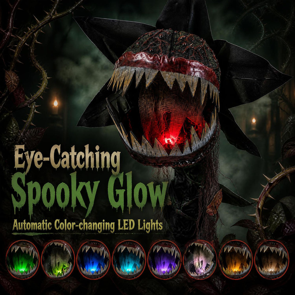 Close-up of the plant’s open, red-lit mouth with pointed teeth and a row of colored glow examples below.