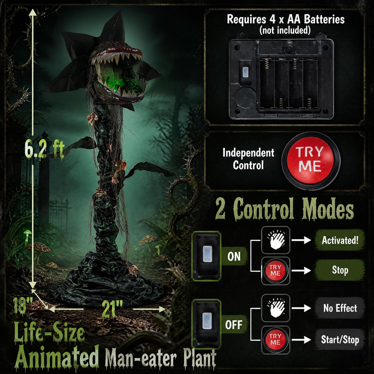Animated plant display graphic showing battery compartment and control modes