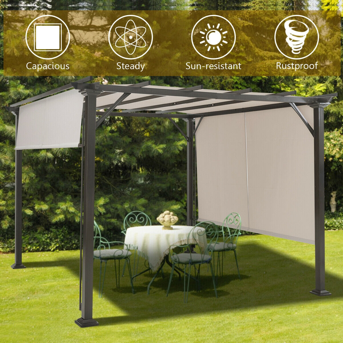 Beige-screened metal patio shelter over a dining set, with four feature icons across the top.
