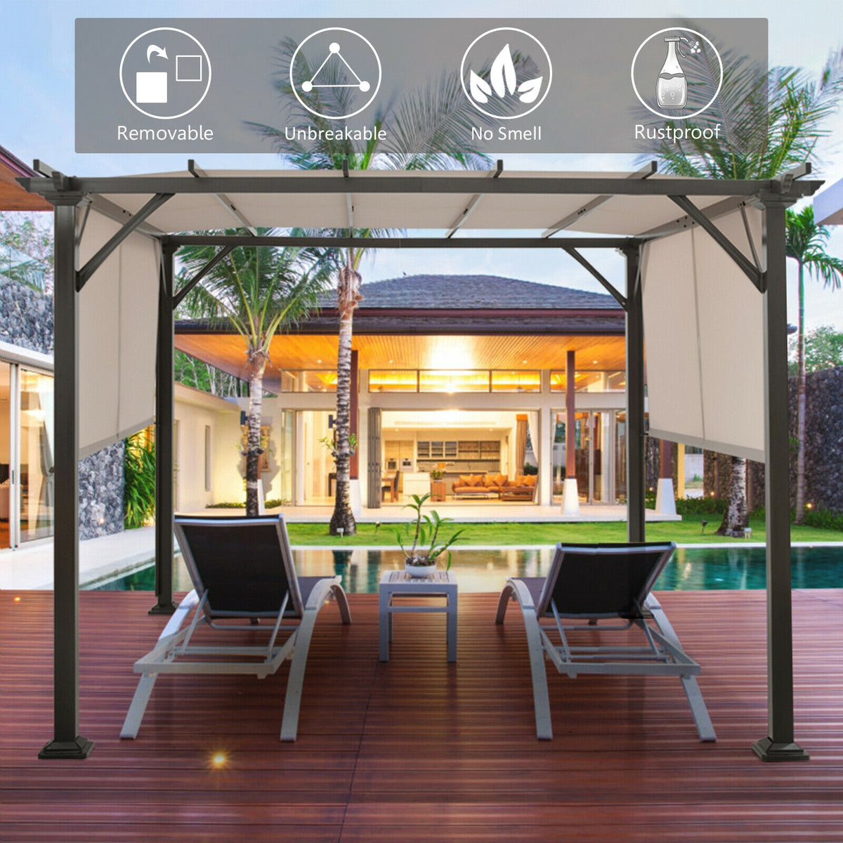 A dark-framed gazebo with taupe canopy panels over two lounge chairs on a poolside deck.