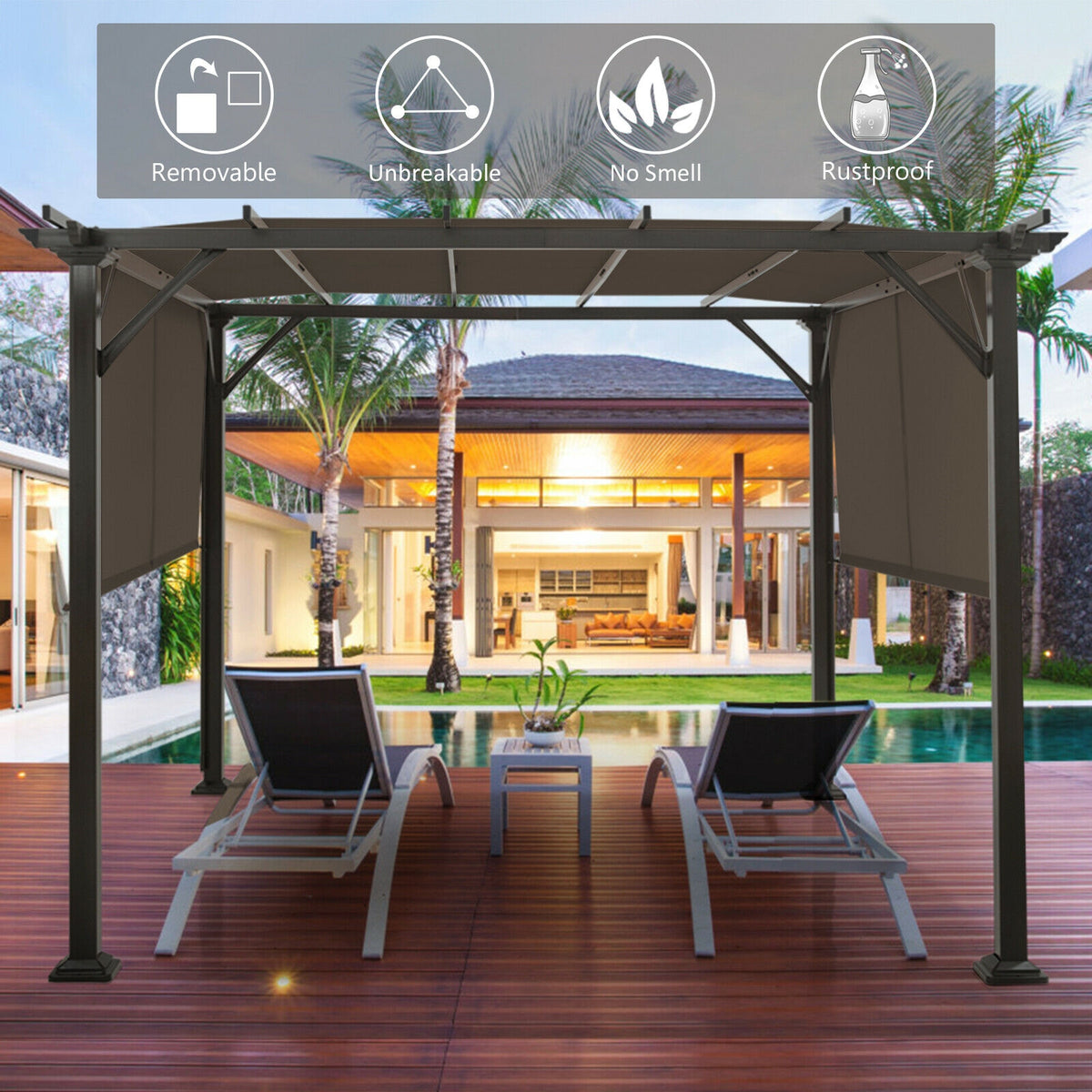 A dark metal gazebo with brown canopy panels shelters two lounge chairs beside a pool.