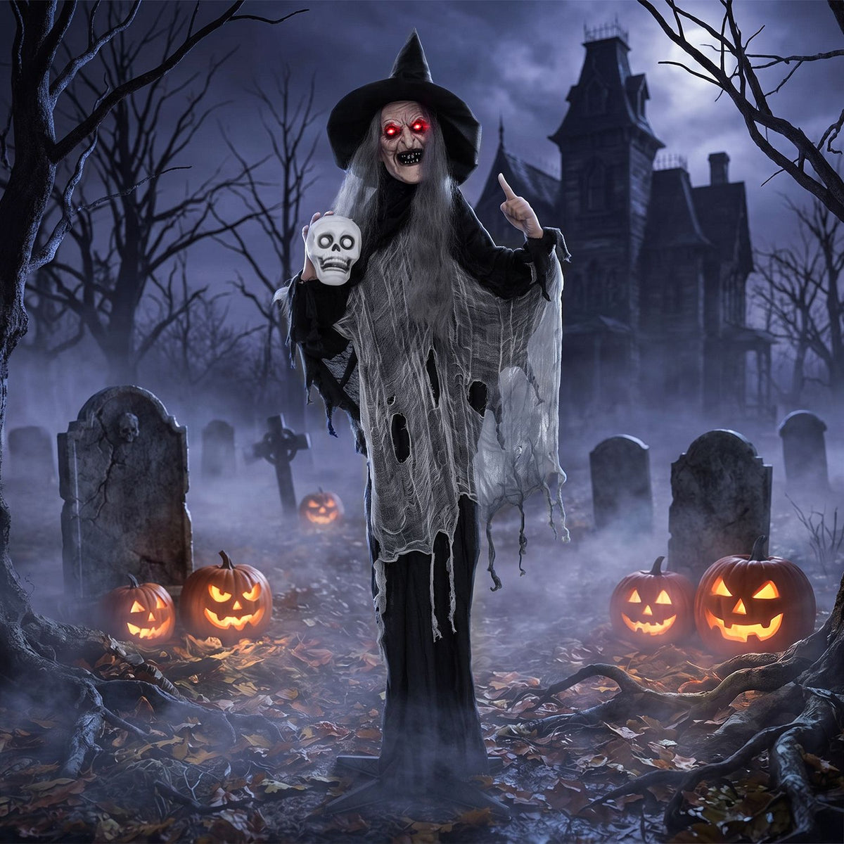 A witch holding a skull stands among glowing pumpkins and gravestones in a moonlit cemetery.