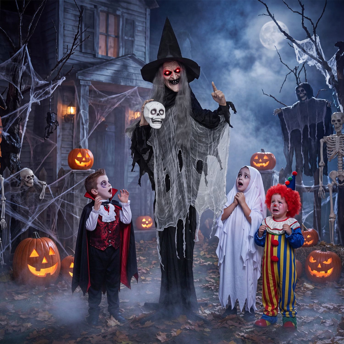 A glowing-eyed witch holding a skull stands among costumed children in a foggy, cobwebbed Halloween scene.