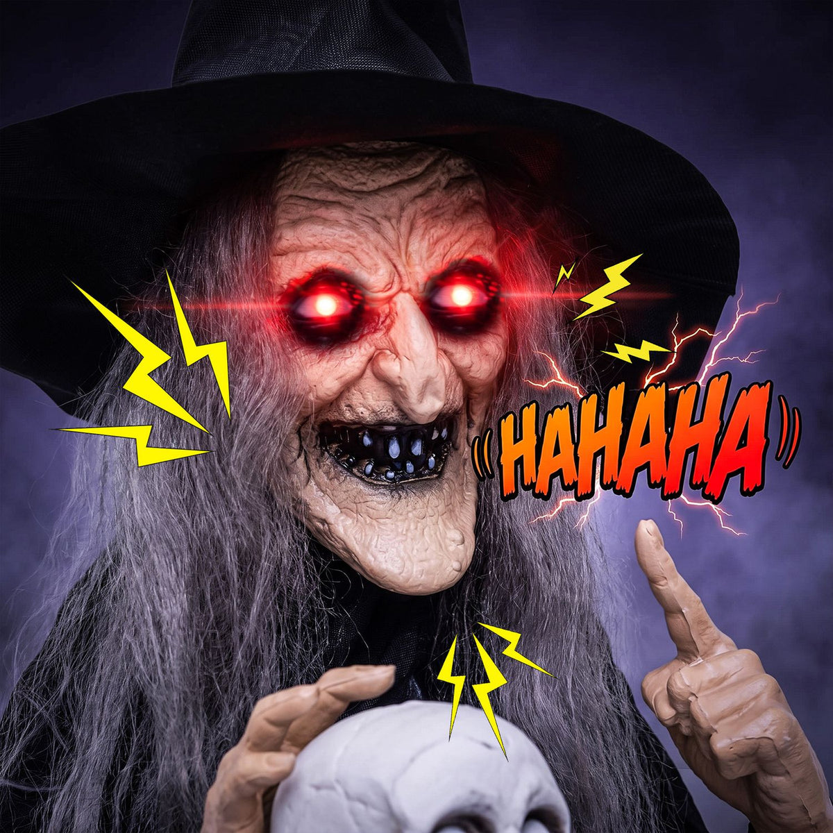 Close-up of the witch’s wrinkled face, glowing red eyes, long gray hair, and hands around a skull.