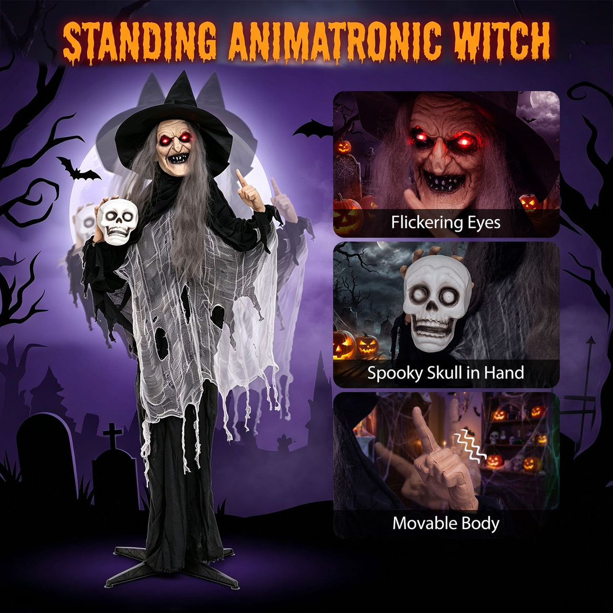 Full-length view of the witch beside close-ups of her glowing eyes, skull, and raised hand.