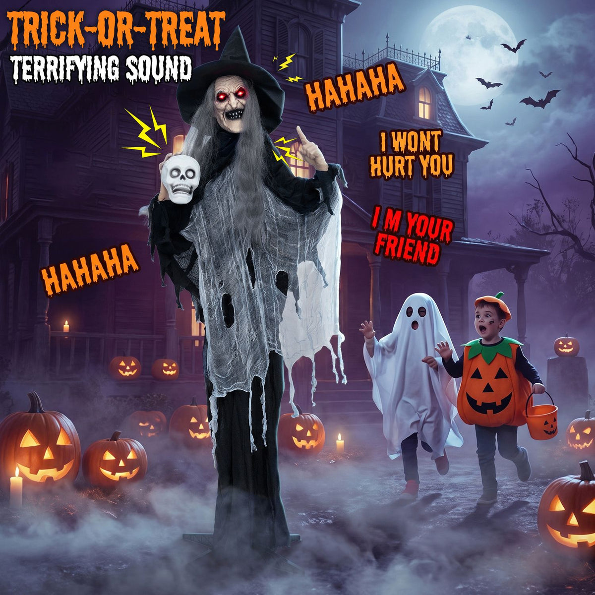 The witch holds a skull and raises one hand as two costumed children stand nearby in a moonlit, foggy scene.