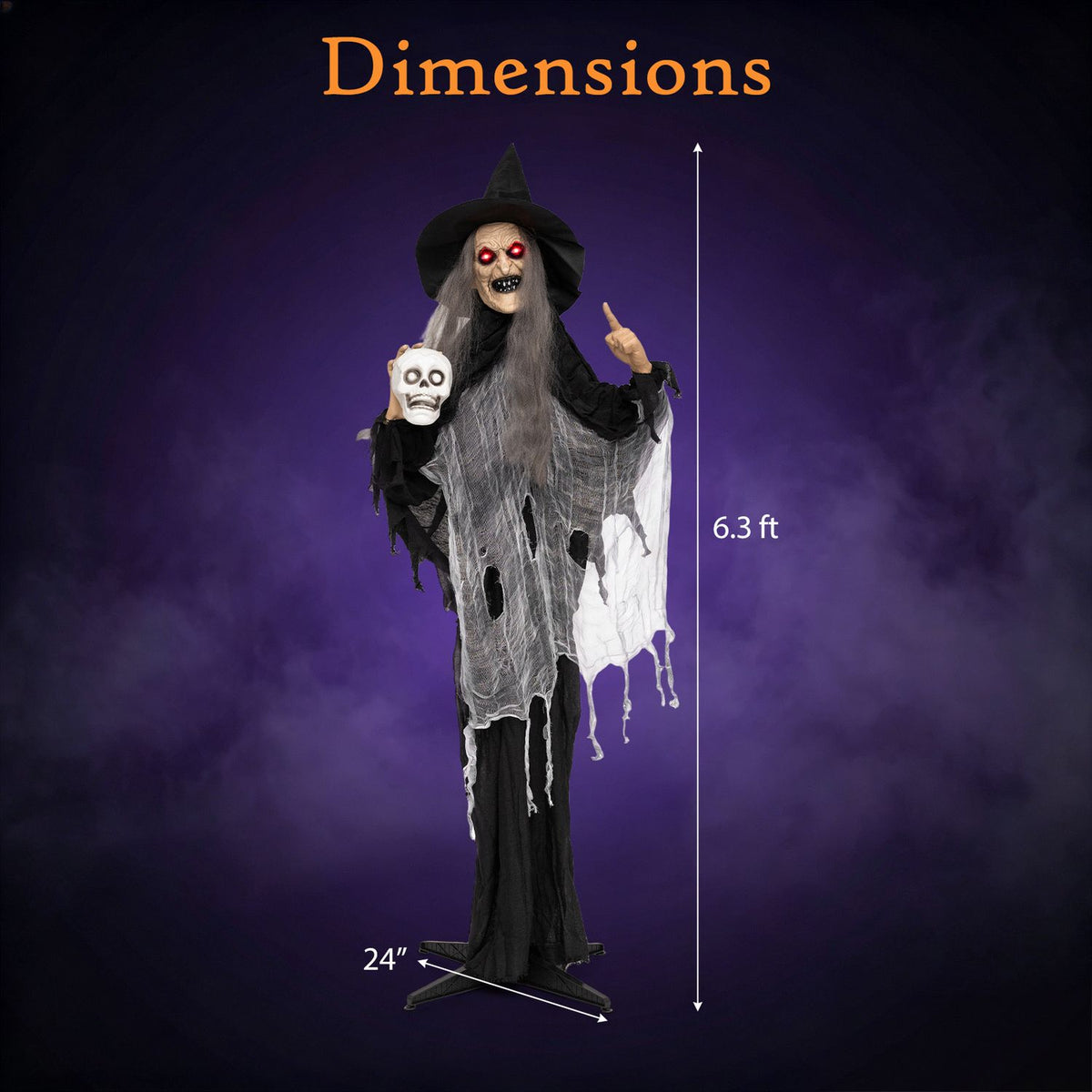 A witch figure holding a skull is shown with vertical and base measurement arrows against a purple background.