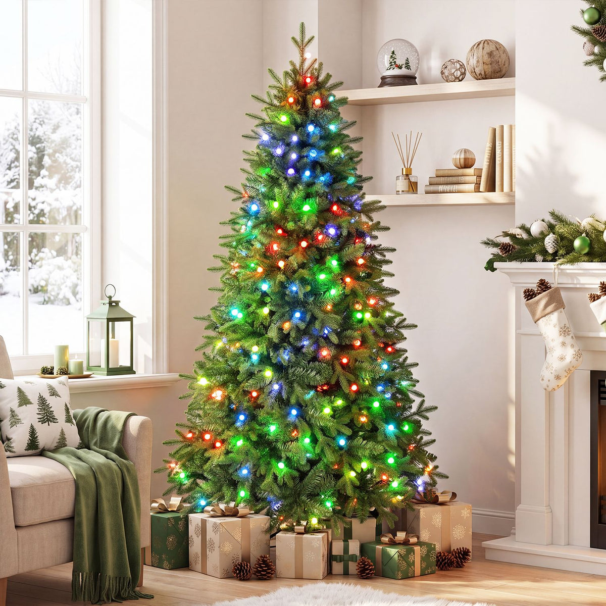 Green artificial Christmas tree with colorful lights in a bright living room