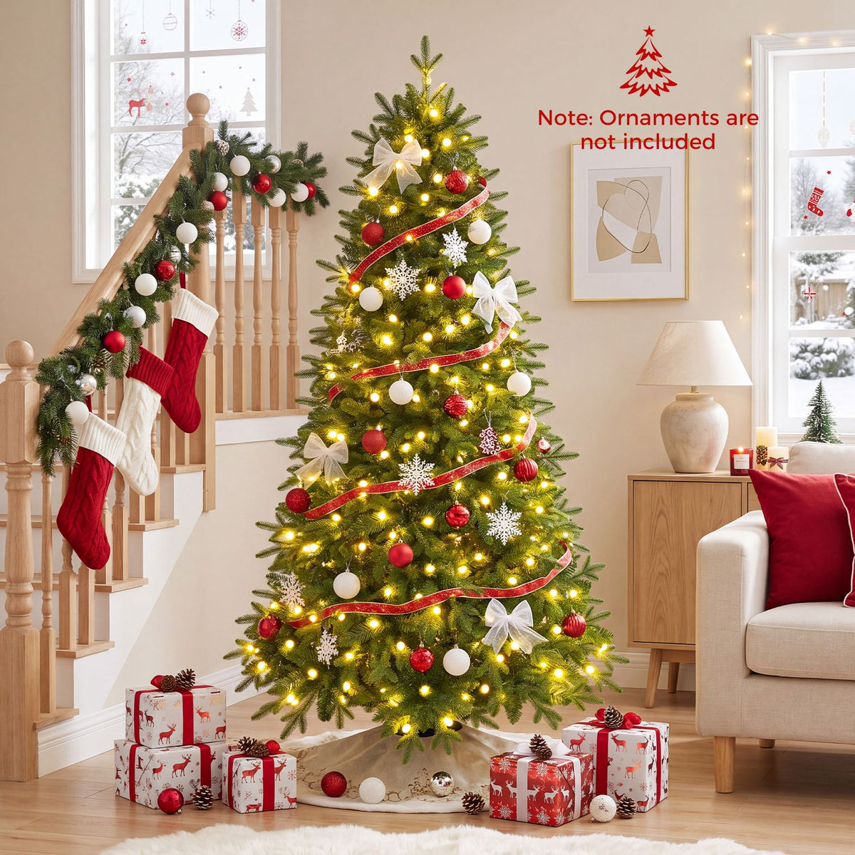 Green Christmas tree with warm lights and red and white ornaments indoors