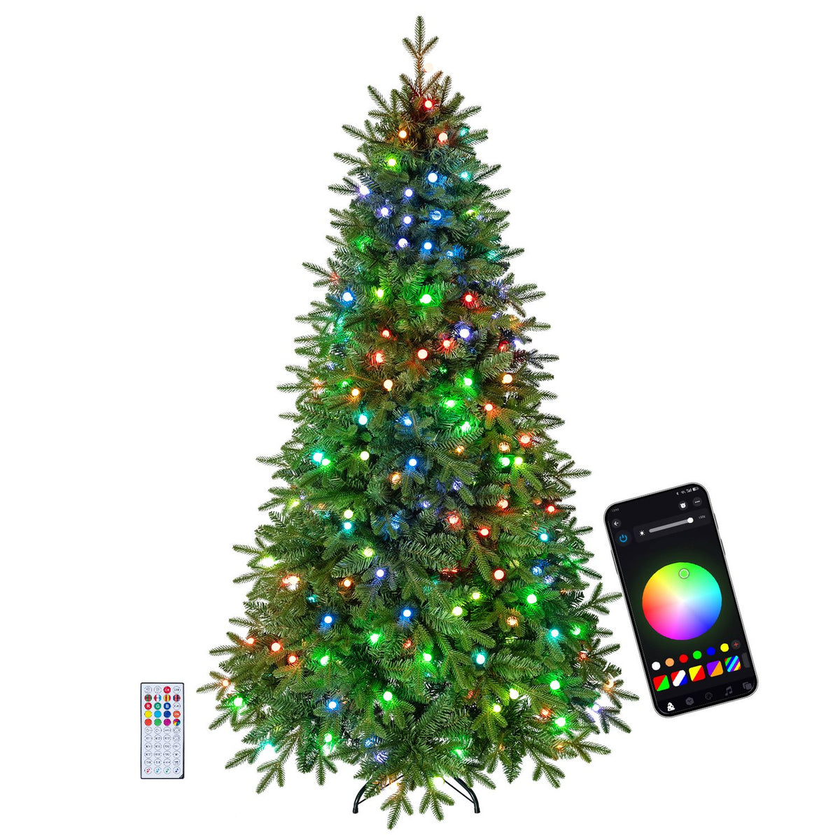 Green artificial tree with multicolor lights beside a remote and app screen