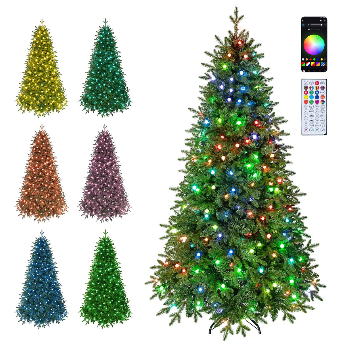 Green lit Christmas tree beside smaller trees shown in several colors