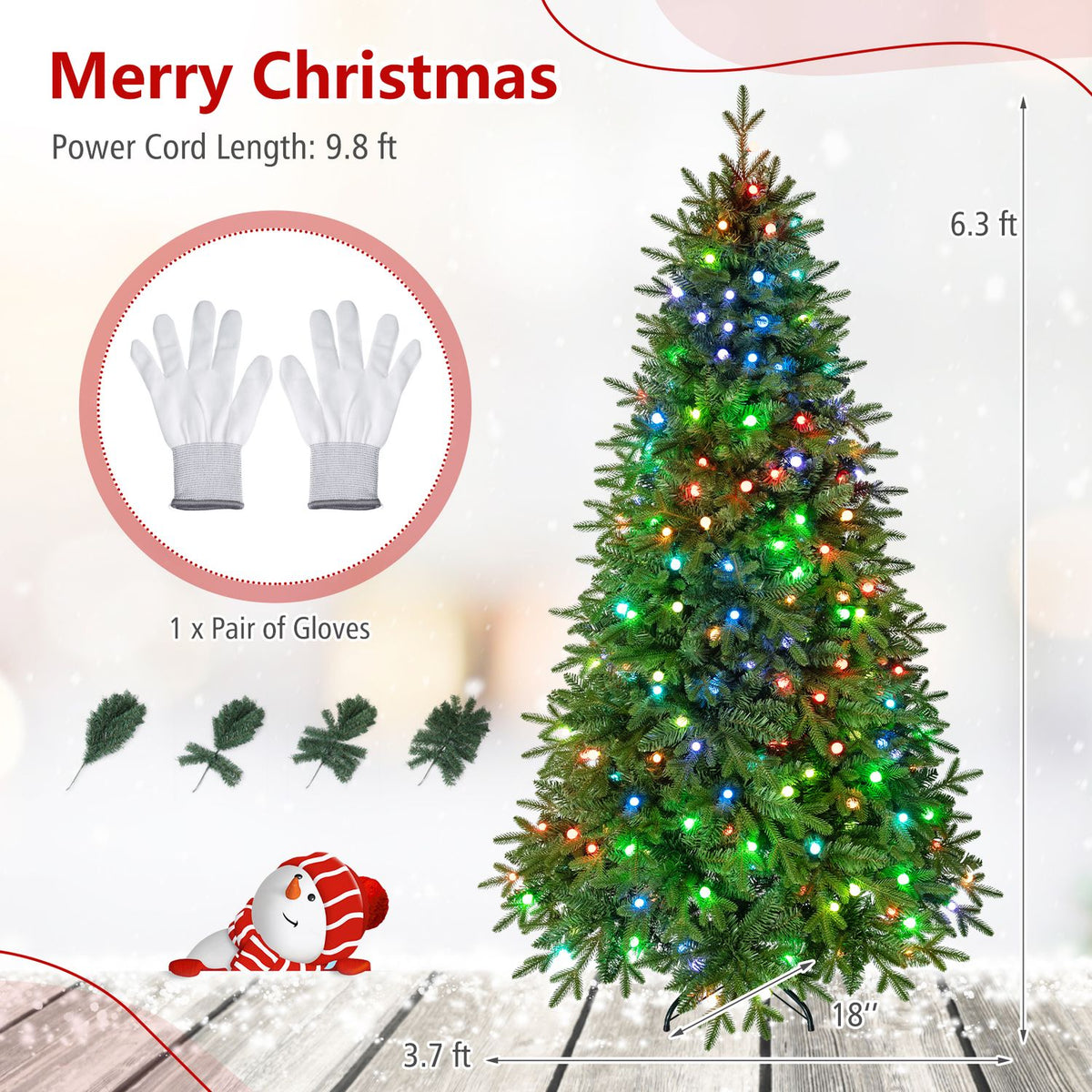 Lit green tree size graphic with gloves, power cord length, and stand measurements