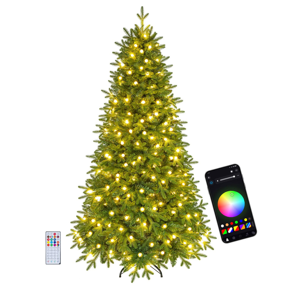 Green artificial Christmas tree glowing with warm lights beside a remote and app screen