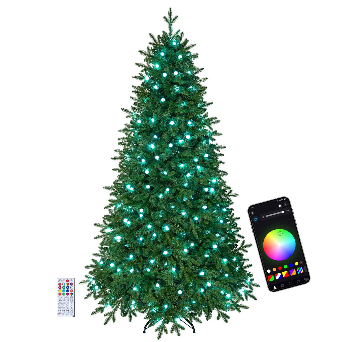 Green Christmas tree glowing with teal lights, beside a smartphone and small remote control.