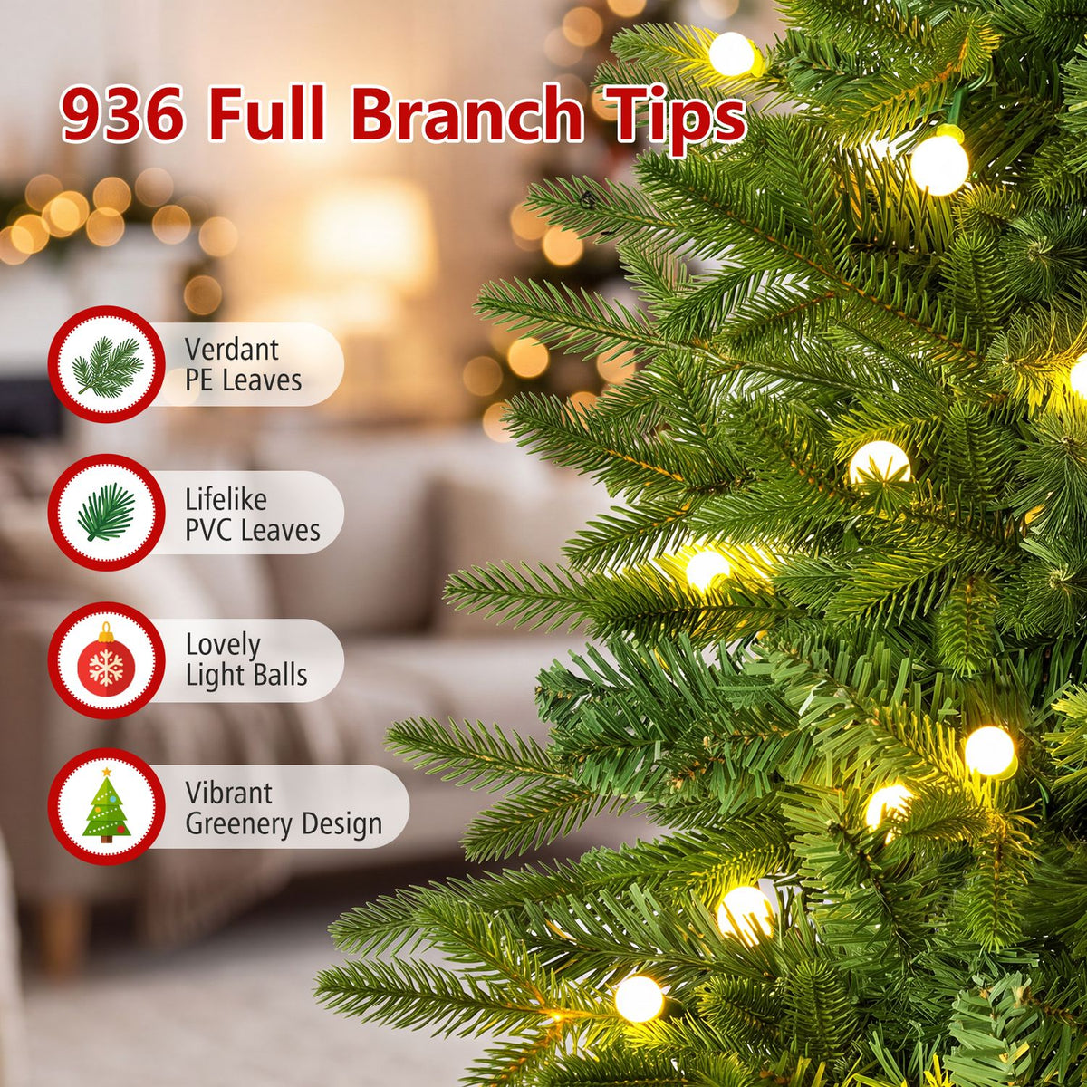 Close-up of green tree branches with warm glowing lights against a softly blurred room.