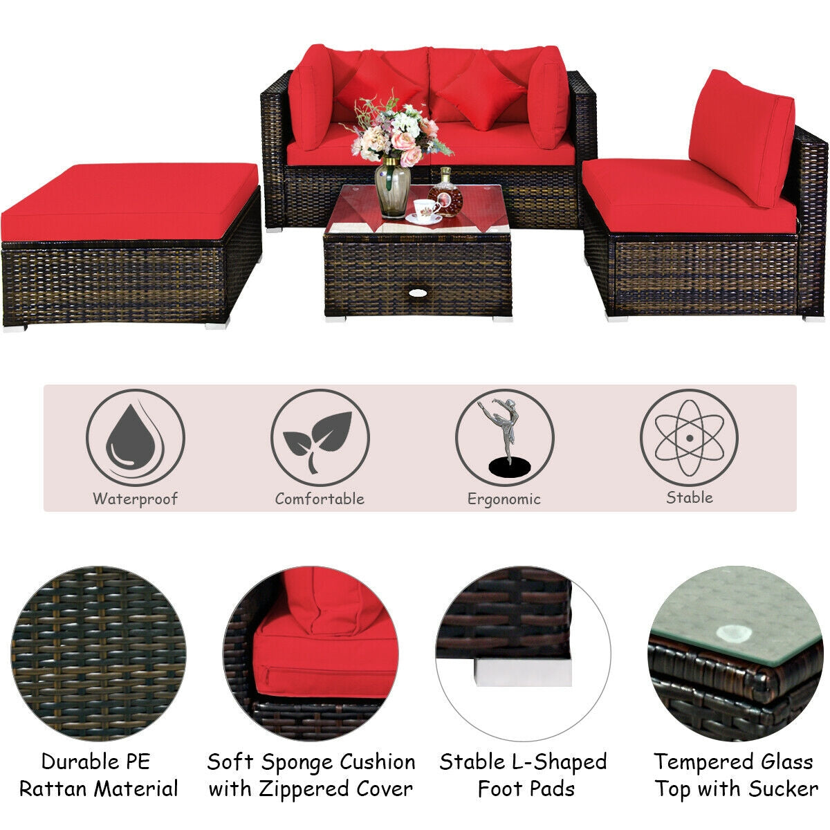 5 Pcs Outdoor Patio Rattan Furniture Set Sectional Conversation with Navy Cushions, Red