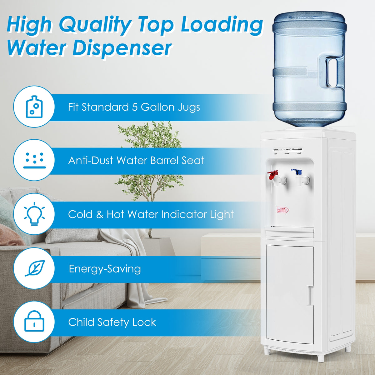 White water cooler with a blue bottle, shown beside blue feature icons and a furnished living room.