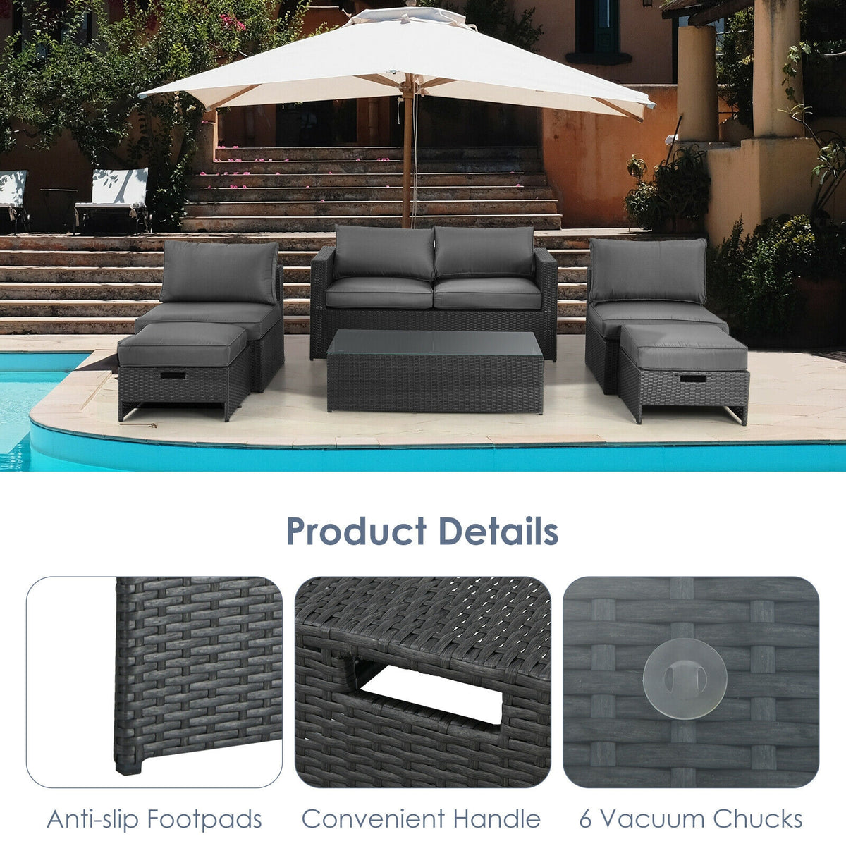6 Pieces Patio Rattan Furniture Set with Glass Table and Cushioned Seat, Gray