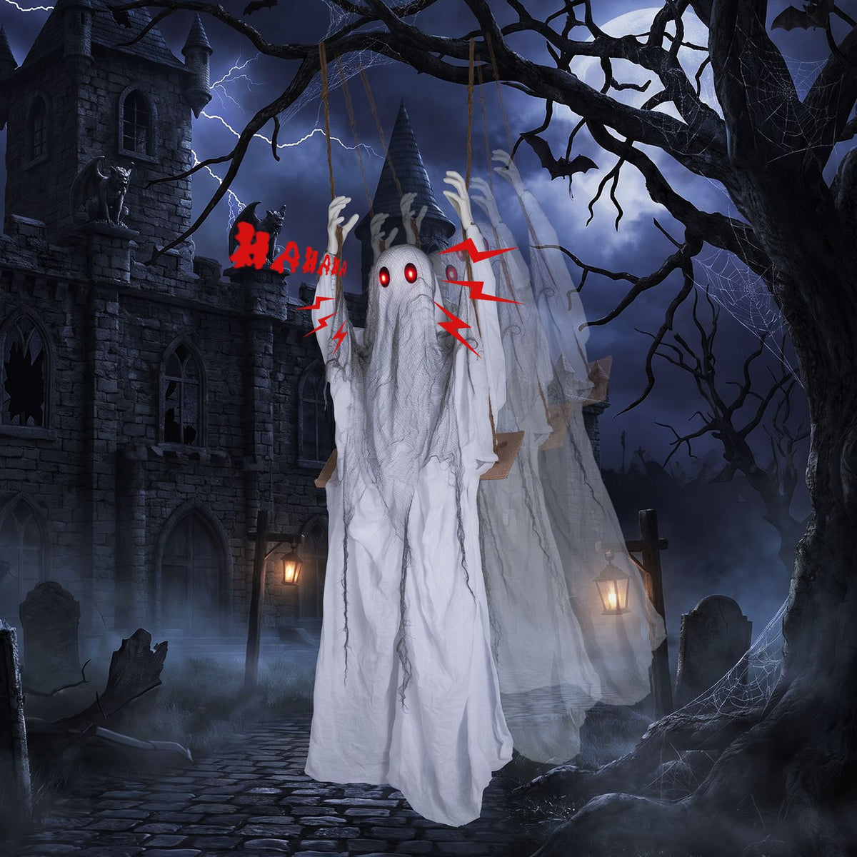 White ghost with glowing red eyes hanging in a dark wooded scene with motion effects