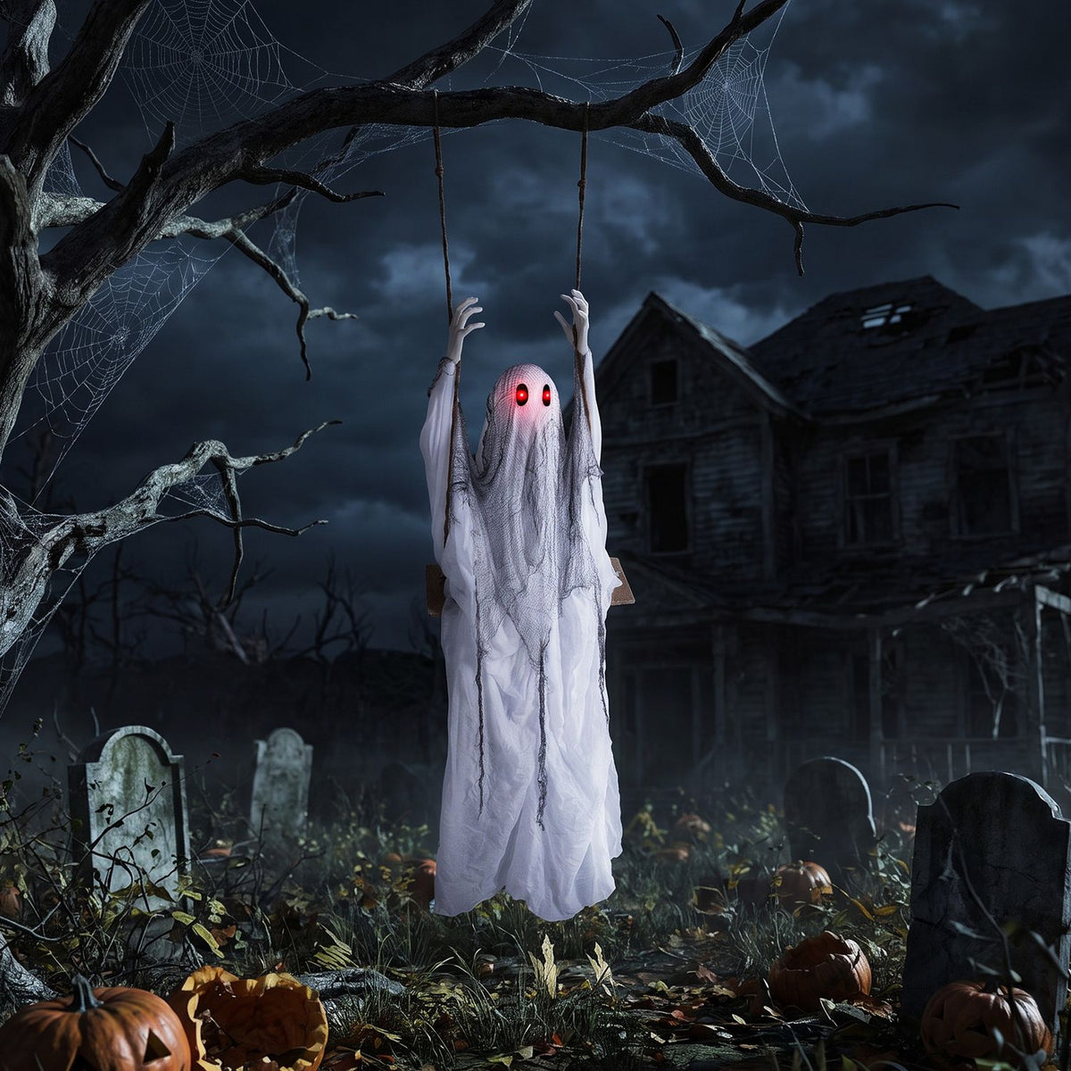White hanging ghost with glowing red eyes beneath a tree in a dark graveyard