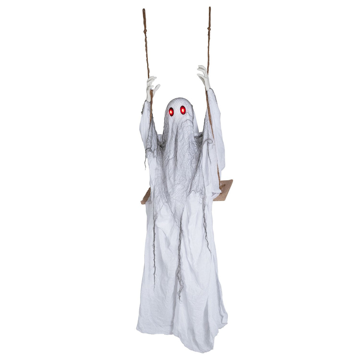 Front view of a white tattered hanging ghost with red eyes on a plain background