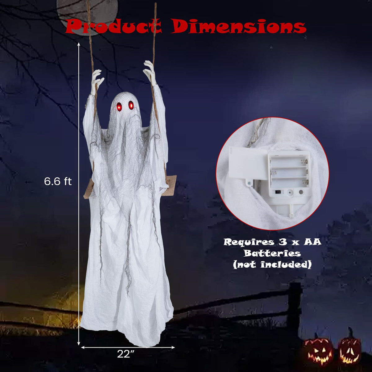 Hanging white ghost with red eyes beside a graphic showing dimensions and battery compartment