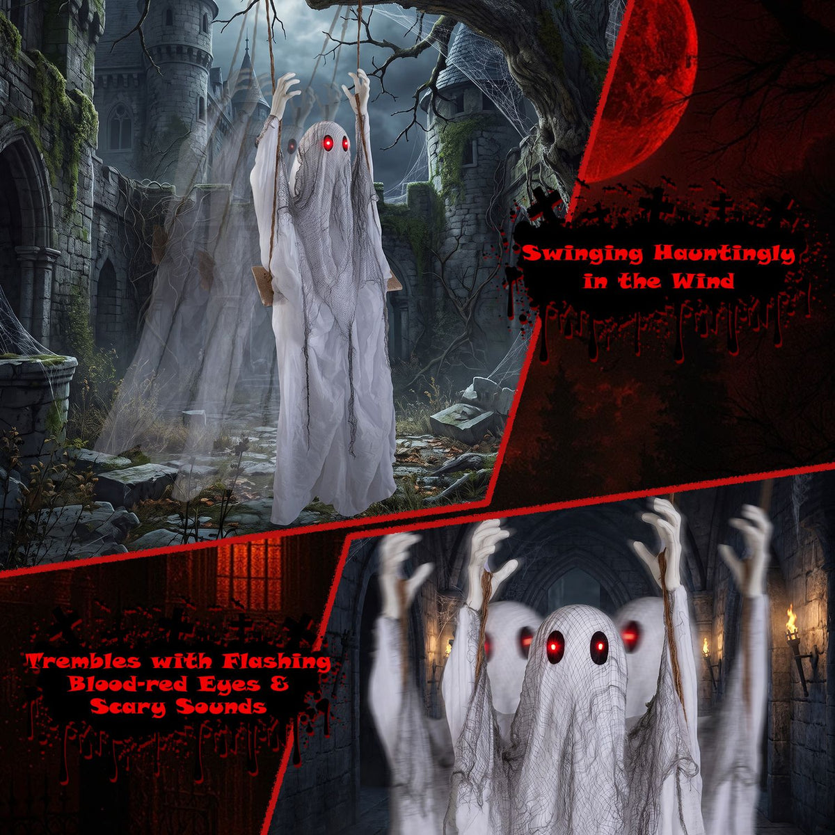 A white ghost with raised arms appears in a ruined graveyard, alongside close-ups of its glowing eyes.