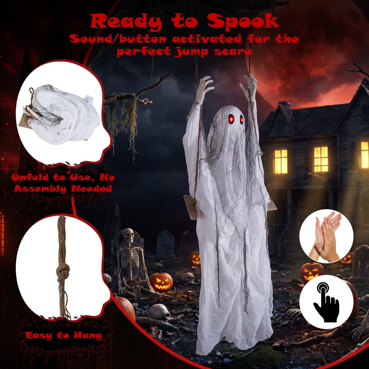 A hanging ghost is shown with circular insets of its folded fabric, hanging rope, and hand and button icons.