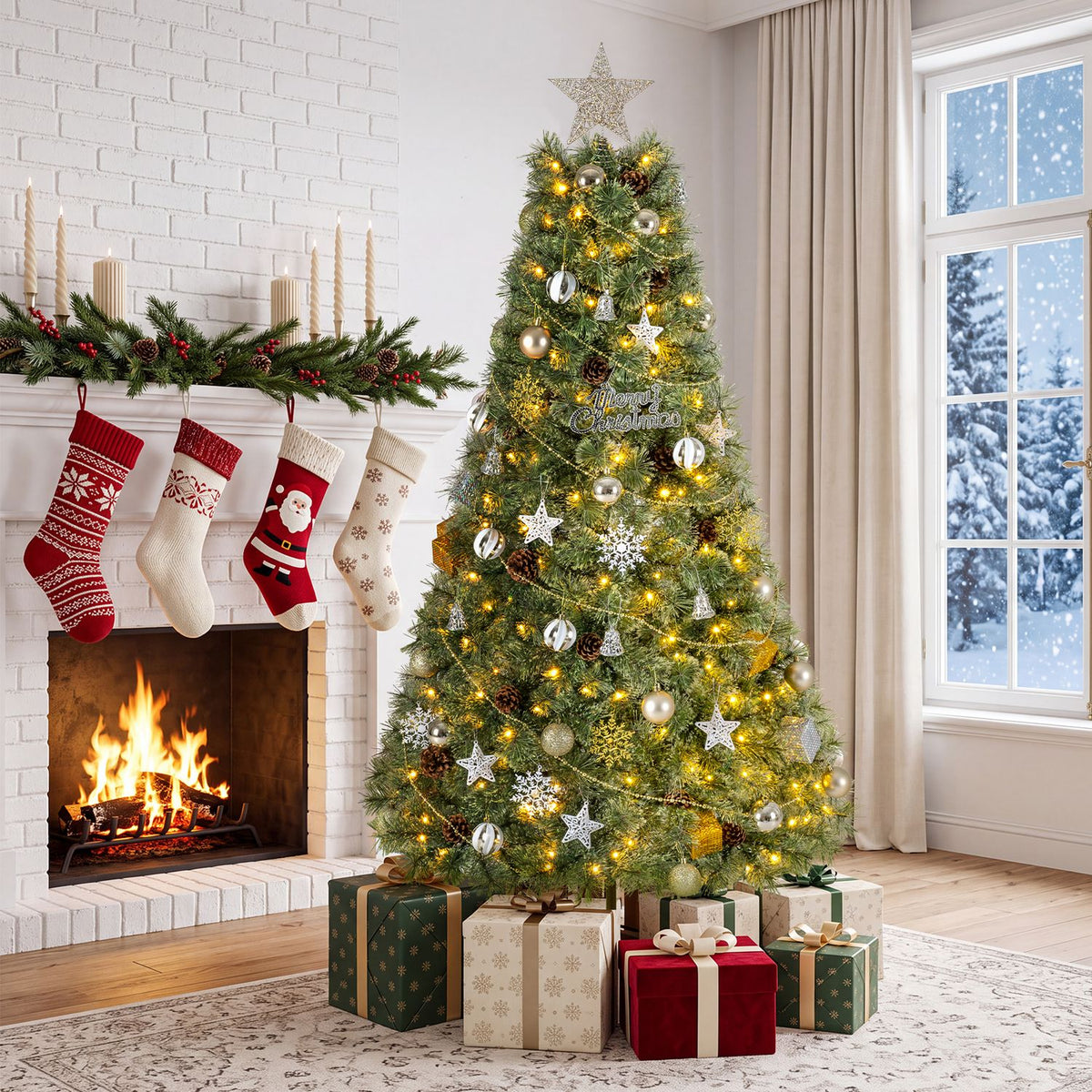 A glowing decorated Christmas tree beside a fireplace with stockings and wrapped gifts.