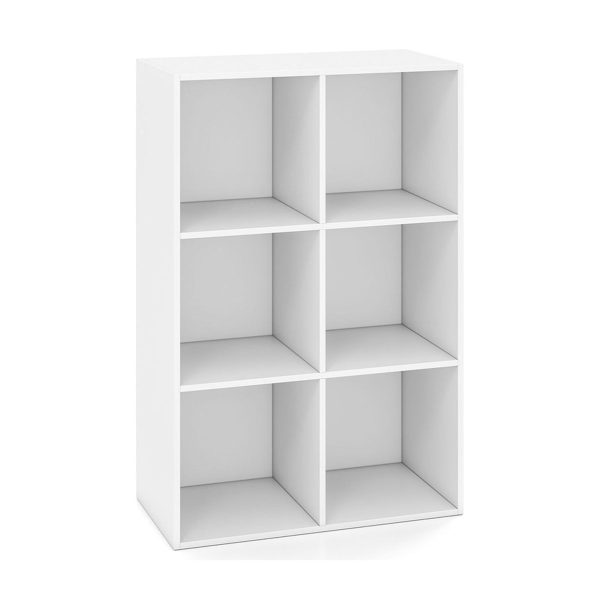 Unfilled white cube bookcase shown against a plain white background.