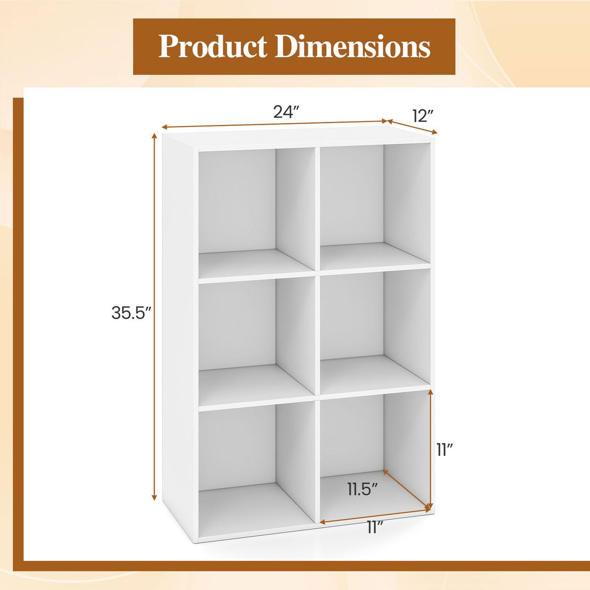 White six-cube bookcase shown with arrows marking its overall and individual-cube dimensions.