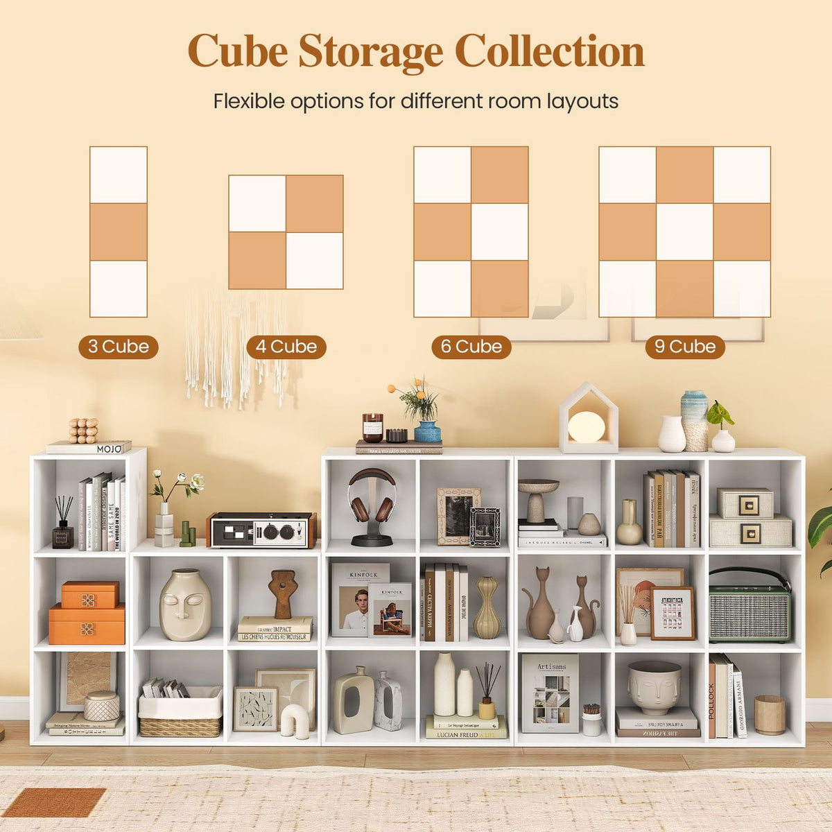 Several cube storage units in different layouts are displayed together in a living room.