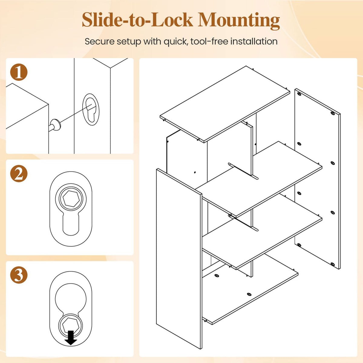 Exploded line drawing of a cube bookcase alongside three close-up steps for wall mounting.
