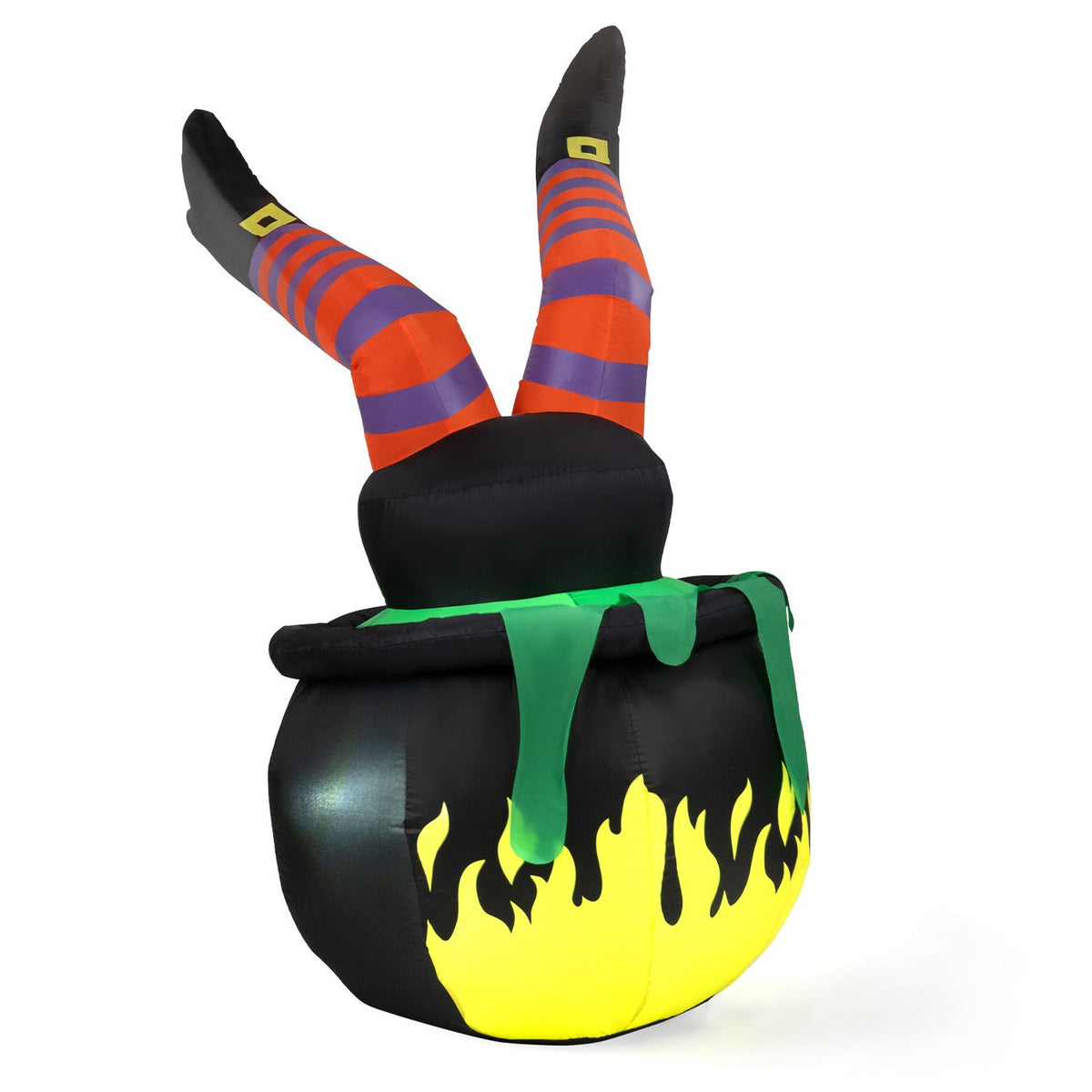 Black cauldron with green drips and yellow flames, topped by two bent orange-and-purple striped legs.