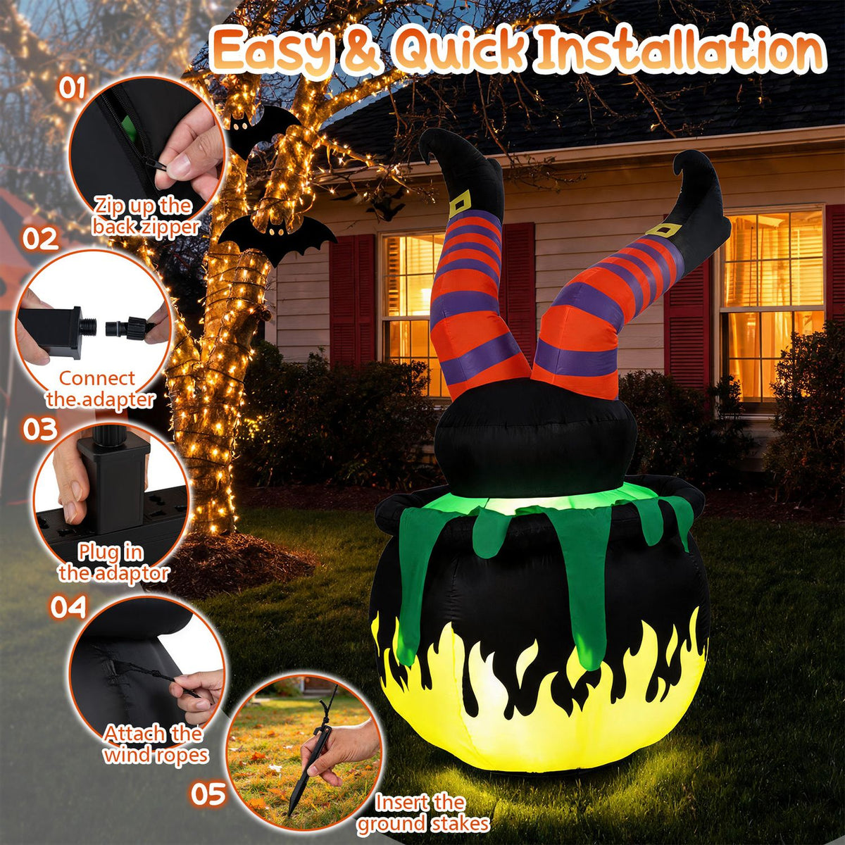 The illuminated cauldron decoration stands in a yard beside circular close-ups showing setup steps.