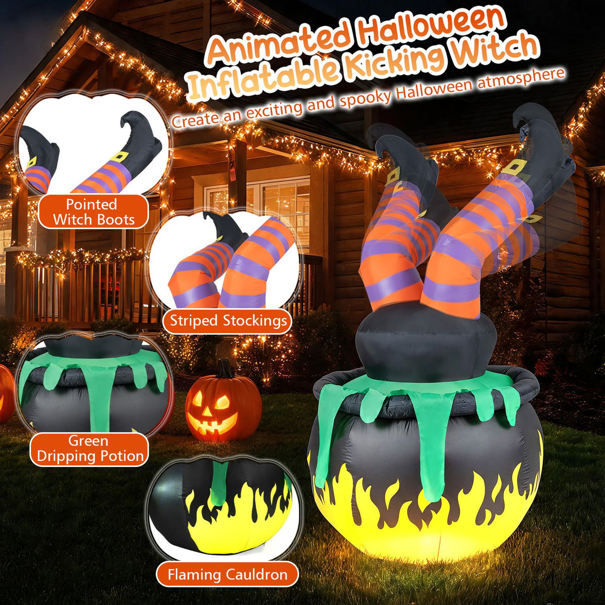 A glowing cauldron with kicking striped legs appears beside close-ups of its boots, stockings, drips, and flames.