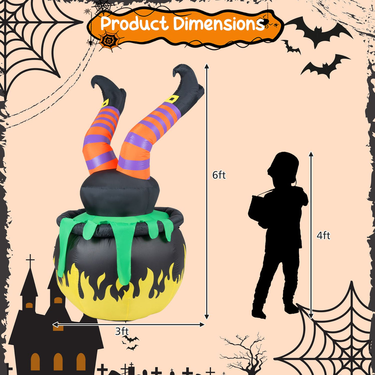 Illustration of the inflatable cauldron beside a person silhouette, with arrows indicating height and width.