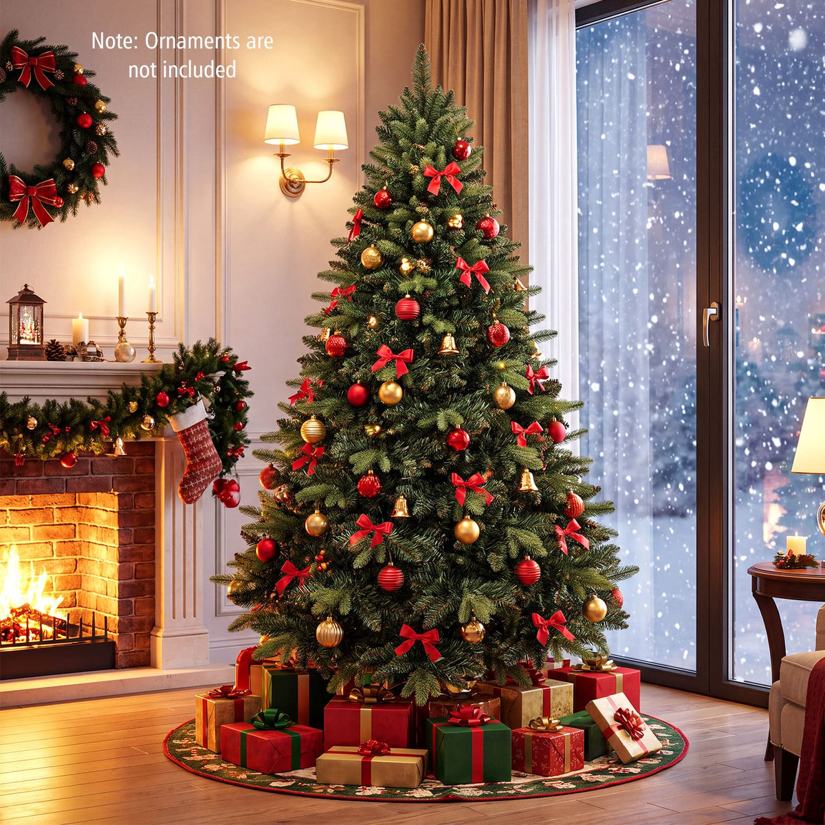 Decorated Christmas tree stands beside a lit fireplace, with wrapped gifts around its base.