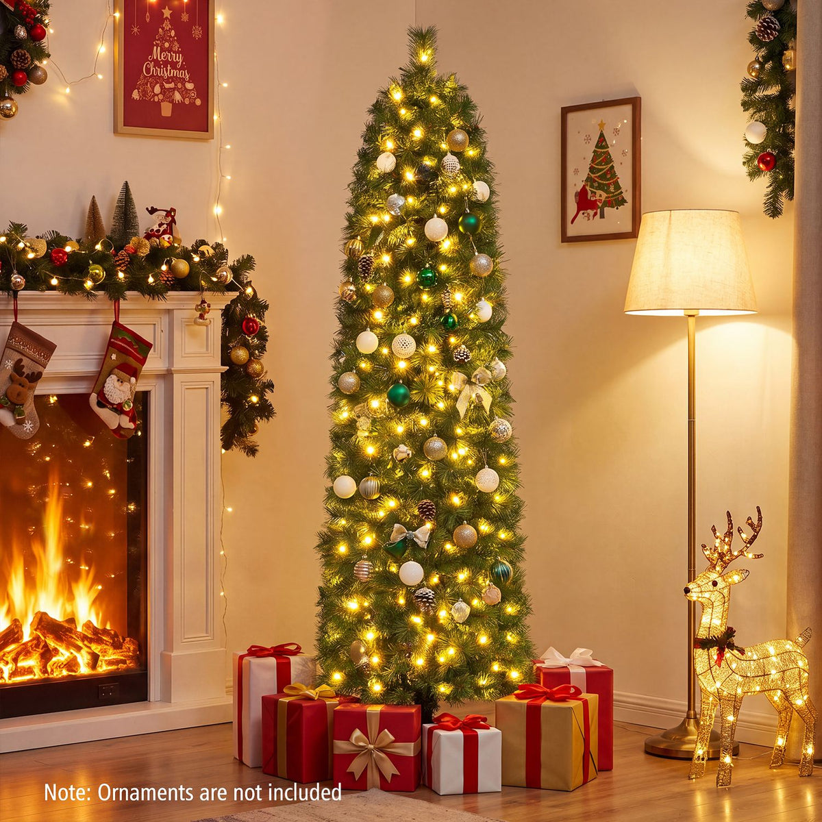 A lit, ornamented Christmas tree stands beside a fireplace with wrapped gifts beneath it.