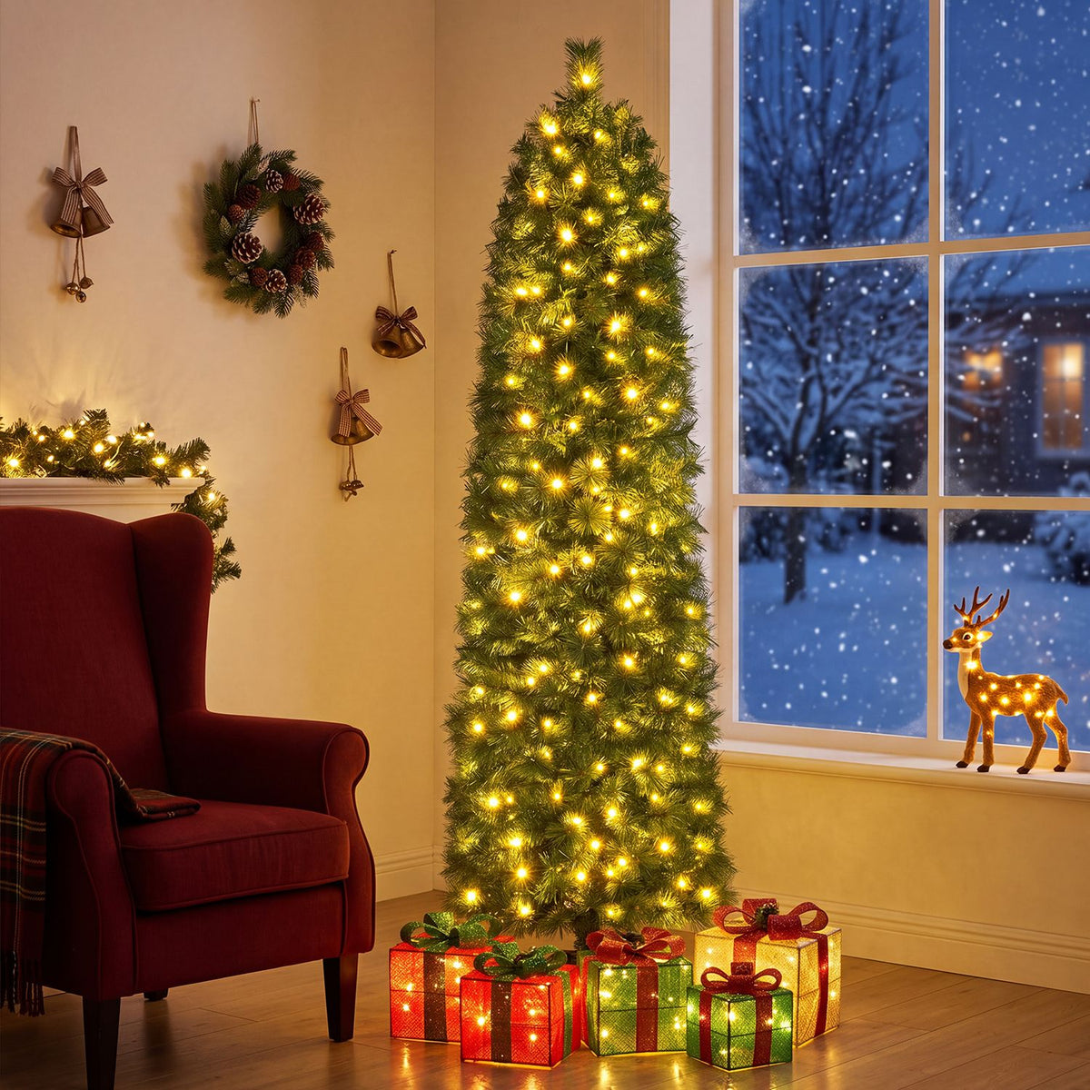 A glowing Christmas tree and colorful presents sit beside an armchair and a snowy window.