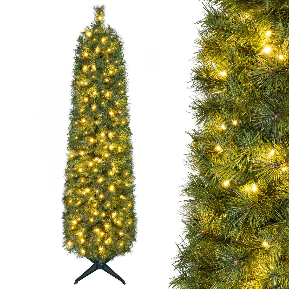 A narrow, illuminated artificial pine tree on a stand appears beside a close-up of its branches and lights.