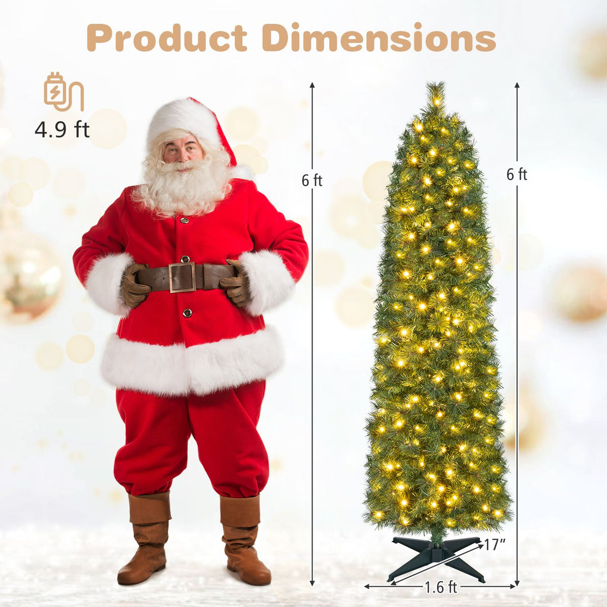 A Santa figure and illuminated tree are shown with measurement arrows on a festive background.