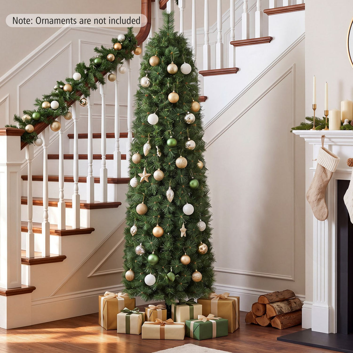 Decorated artificial pine tree beside a staircase, with wrapped gifts at its base.