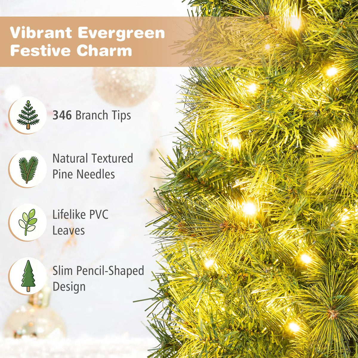 Close-up of pine branches and glowing lights beside illustrated feature callouts.