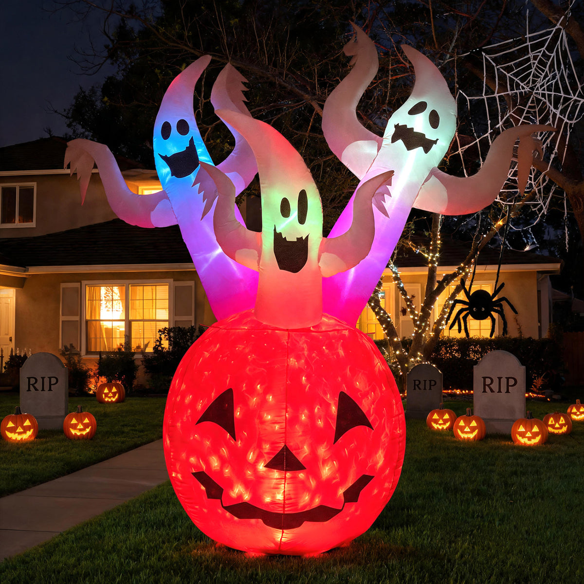 6 FT Inflatable Ghost Pumpkin with Colorful Lights and 2 Wind Ropes for Halloween