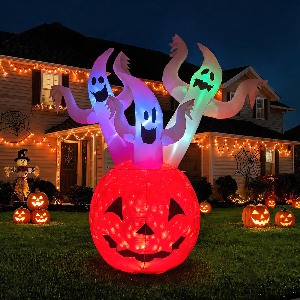 6 FT Inflatable Ghost Pumpkin with Colorful Lights and 2 Wind Ropes for Halloween