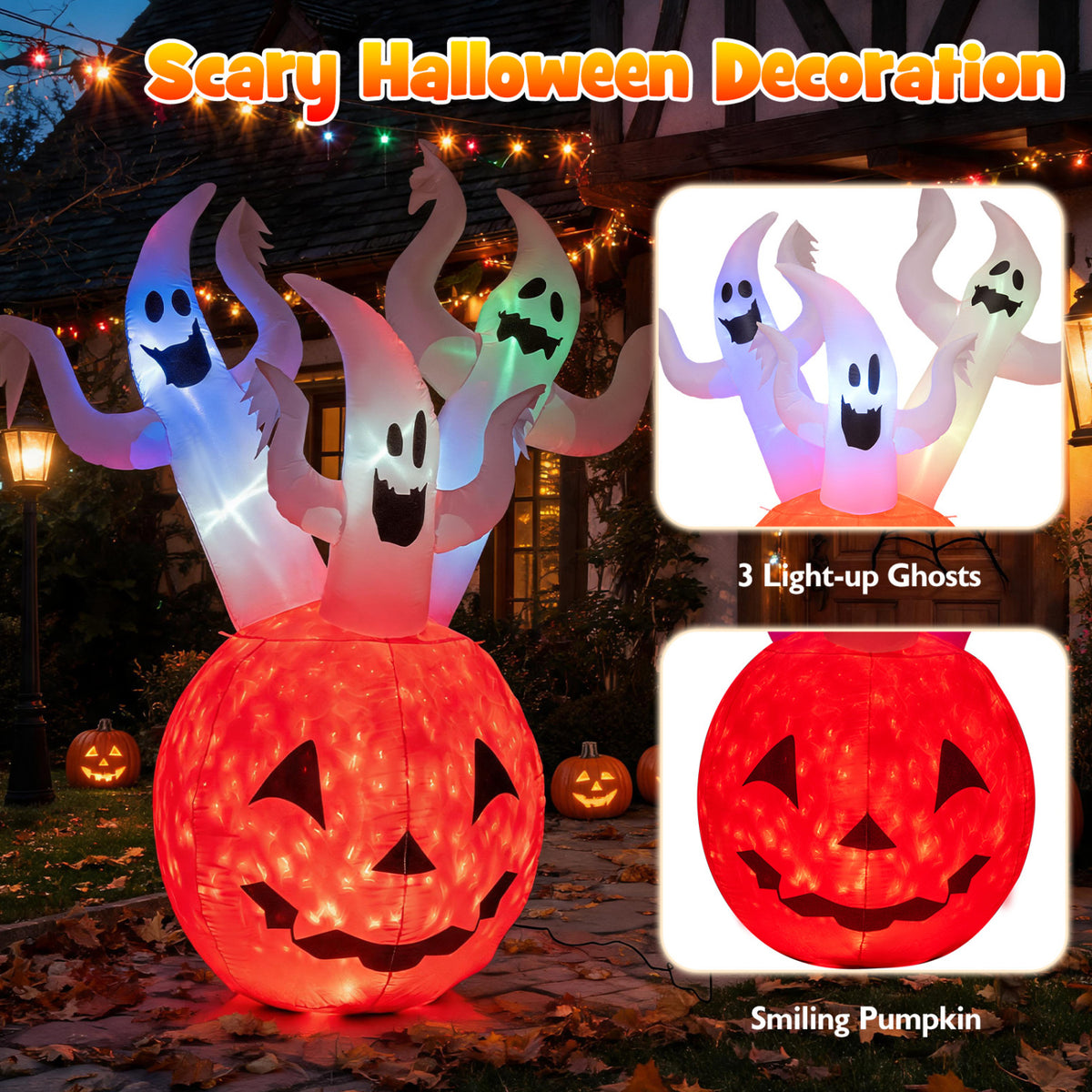 6 FT Inflatable Ghost Pumpkin with Colorful Lights and 2 Wind Ropes for Halloween