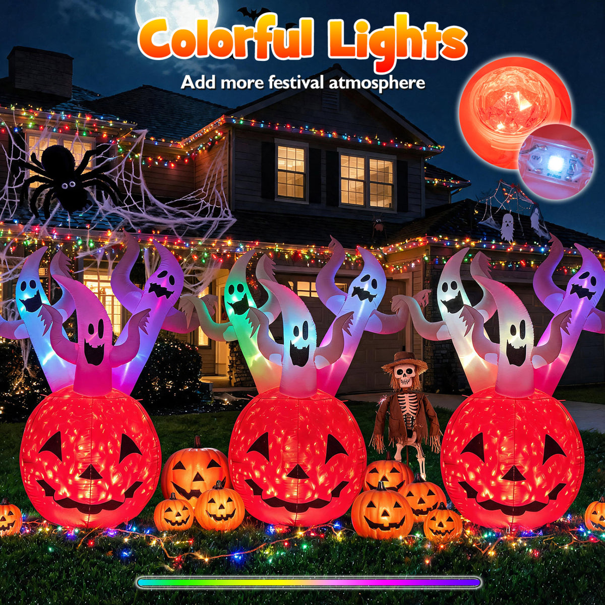 6 FT Inflatable Ghost Pumpkin with Colorful Lights and 2 Wind Ropes for Halloween