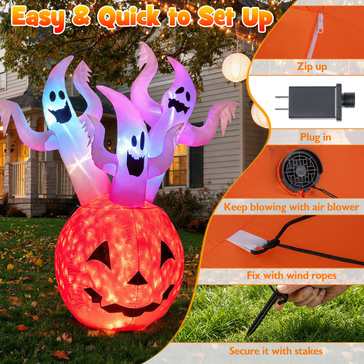 6 FT Inflatable Ghost Pumpkin with Colorful Lights and 2 Wind Ropes for Halloween